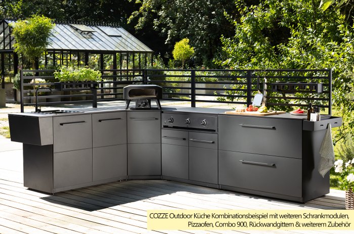 Kombinationsbeispiel COZZE Outdoor Küche Elements mit niedrigem Schrankmodul und Ecke
