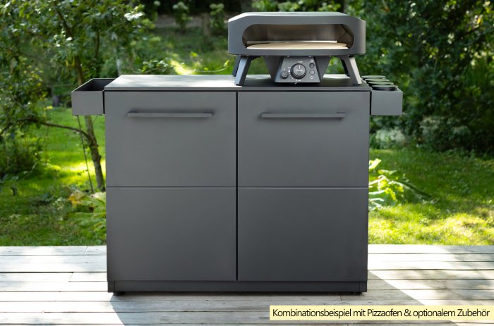 Kombinationsbeispiel COZZE Outdoor Küche Elements - Schrank mit Türen als Unterbau für Pizzaofen
