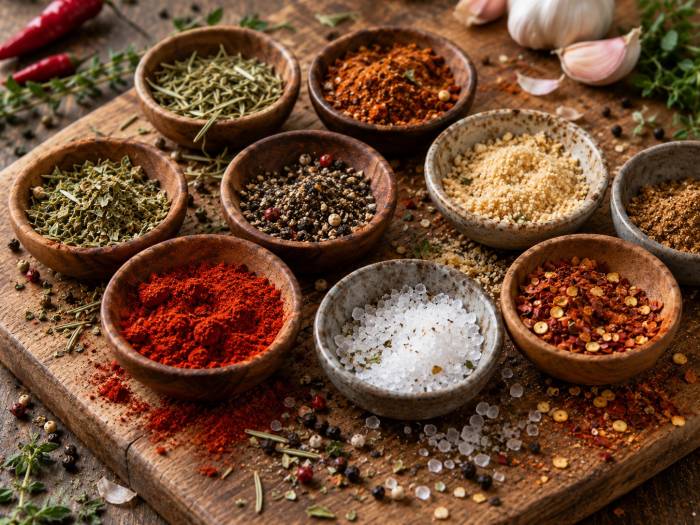 Auswahl verschiedener klassischer Grillgewürze wie Paprika, Pfeffer, Salz, Chili und Kräuter
