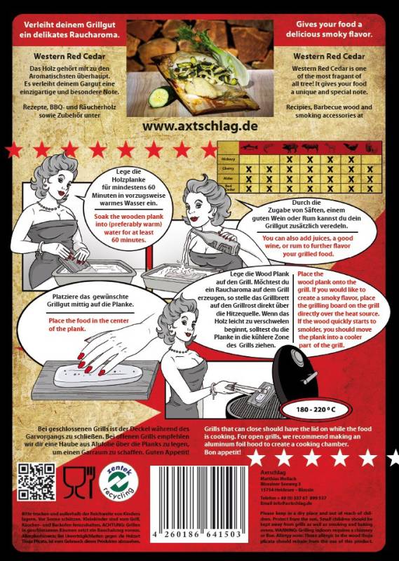 Axtschlag Räucherbretter Rotzeder / Wood Planks Western Red Cedar - 15 x 15 cm / 4er Pack