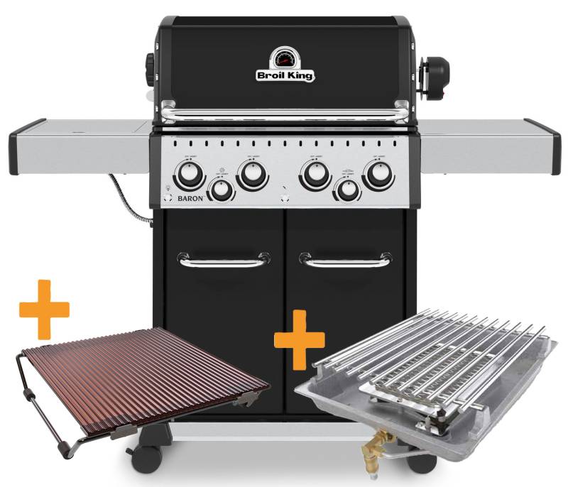 Broil King Baron 490 schwarz mit Gusseisenrost - Set inkl. Infrarotbrenner-Nachrüst-Set und Outdoorchef Blazinglas L