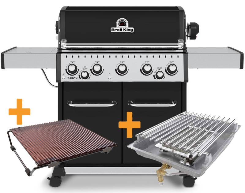 Broil King Baron 590 schwarz mit Gusseisenrost - Set inkl. Infrarotbrenner-Nachrüst-Set und Outdoorchef Blazinglas L