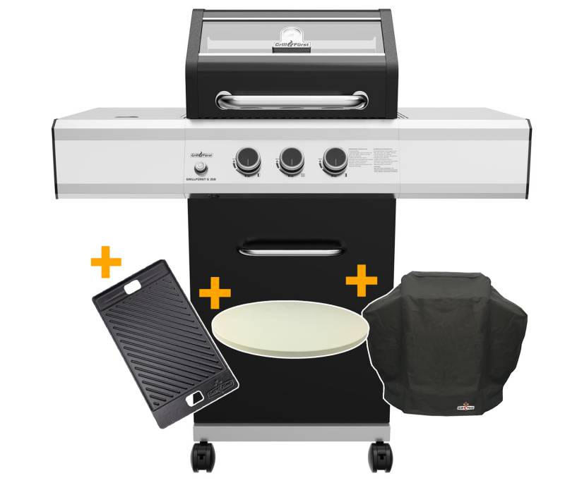 Grillfürst G210G 2-Brenner Gasgrill mit Gusseisen Rosten - X-DEAL inkl. Gussplatte, Abdeckhaube und Pizzastein