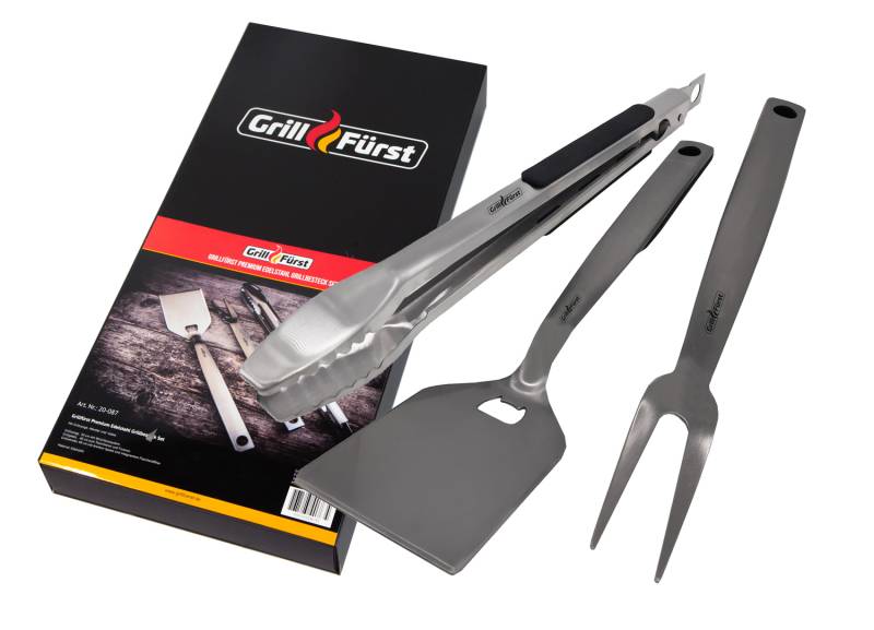 Grillfürst Premium Edelstahl Grillbesteck Set mit Grillzange, -Wender und -Gabel in Geschenkverpackung