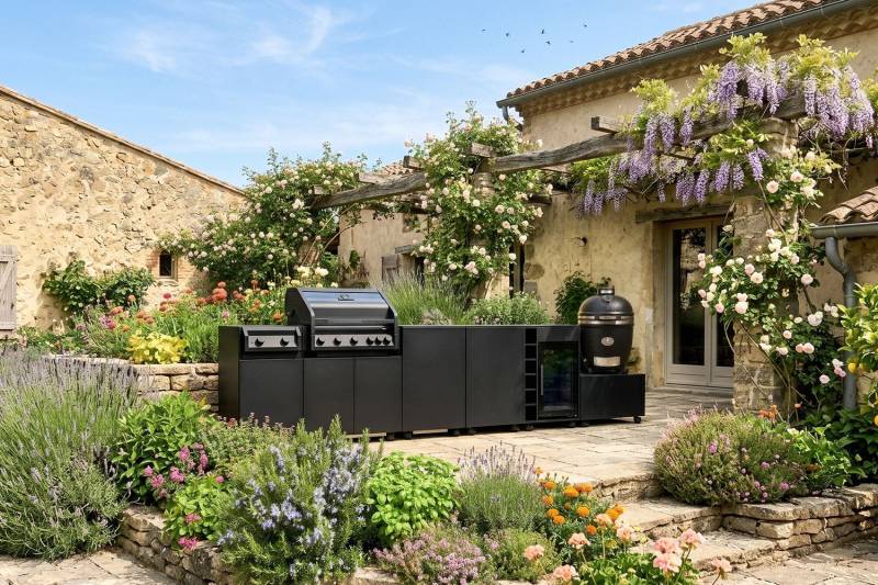Grillfürst Moments Grillküche mit Independence P590E Gasgrill, Independence P230E XXL Infrarotbrenner, Monolith Keramikgrill, Kühlschrank, Tür mit Stauraum und Flaschenregal - Nero / Eter