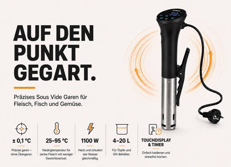 Grillfürst Sous Vide Stick - 1100 Watt, mit Timer und Touchdisplay