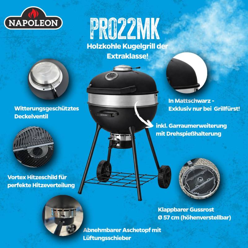 Napoleon PRO Holzkohlegrill Kugelgrill Ø 57 cm mit Gussrost und Deckelscharnier - Mattschwarz - inkl. Abdeckhaube