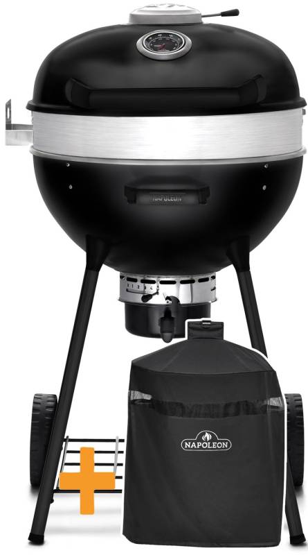Napoleon PRO Holzkohlegrill Kugelgrill Ø 57 cm mit Gussrost und Deckelscharnier - Mattschwarz - inkl. Abdeckhaube