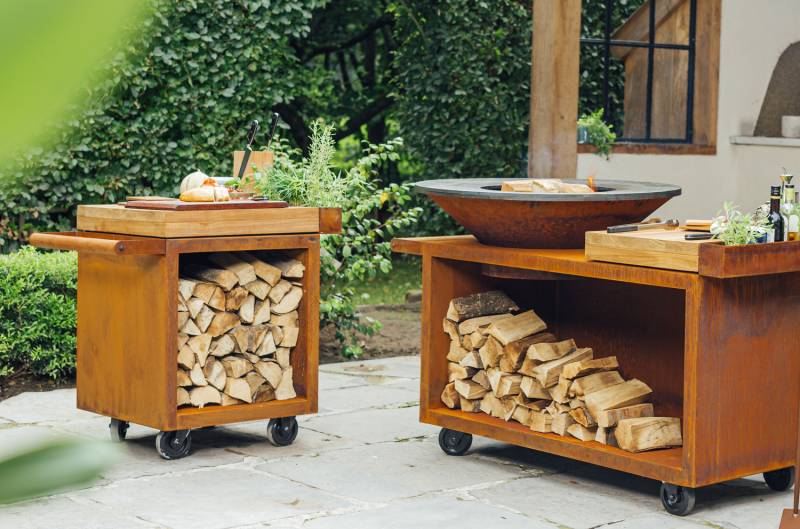 OFYR Mise en Place Table Corten 65 PRO - mit Teakholz-Arbeitsplatte & Holzlager