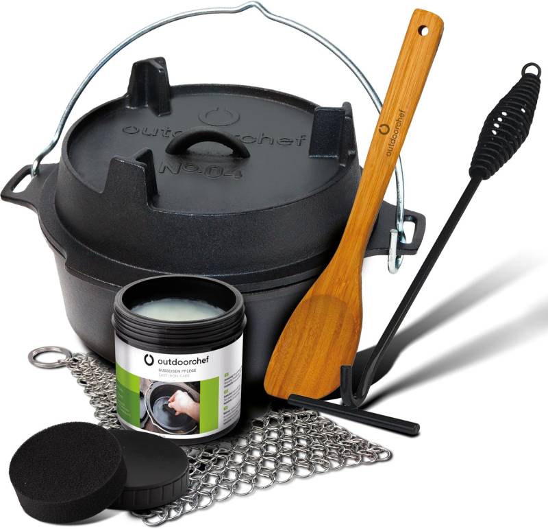 Outdoorchef Dutch Oven 04 - 3,8 Liter - inkl. Starterset mit Gusseisen-Pflege, Ringreiniger, Deckelheber und Bambus-Kochlöffel