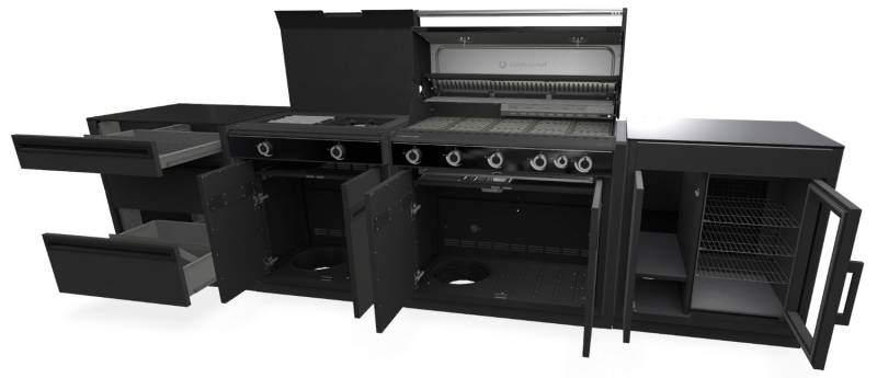Outdoorchef HEAT Outdoor Küche 4-teilig: HEAT X-515 RB + HEAT X-245 K + Caso BBQ Cooler + 3er Schubladen - inkl. Arbeitsplatte Granit