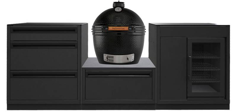 Outdoorchef HEAT Outdoor Küche 3-teilig: Big Green Egg The Onyx XLarge Keramikgrill + Caso BBQ Cooler - mit Arbeitsplatte aus Granit