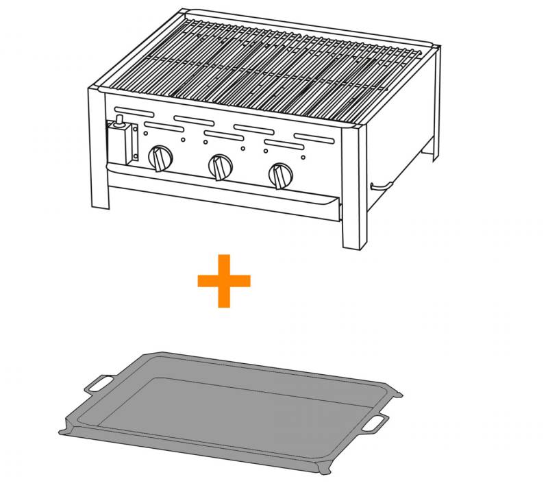 TGO 3-Brenner Gastrobräter / Gasbräter mit Rost + Stahlpfanne