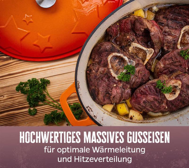 Grillfürst Dutch Oven Sternentöpfchen / Gusseisen Bräter - emailliert - M - orange