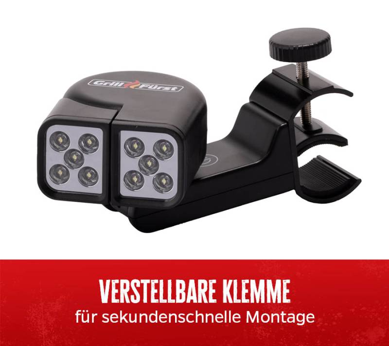 Grillfürst Universal LED Grilllampe / Grilllicht / Grifflicht - mit 2 schwenkbaren Leuchtköpfen