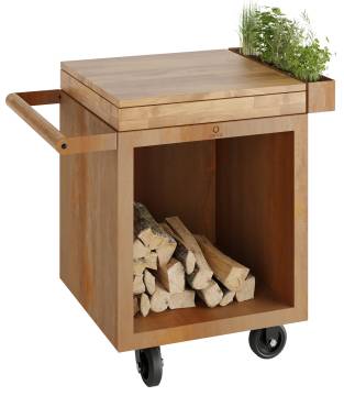 OFYR Mise en Place Table Corten 65 PRO - mit Teakholz-Arbeitsplatte & Holzlager