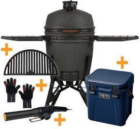 The Bastard Keramikgrill VX Large - Complete - schwarz matt - inkl. One Minute Lighter, Halbmond Gussrost, Grillhandschuhe &amp; YETI ROADIE 24 Kühlbox Navy