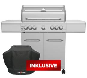 Grillf&uuml;rst G521G 5-Brenner Edelstahl-Gasgrill mit Hochtemperaturbrenner, Heckbrenner und Gusseisen Rosten - inkl. Abdeckhaube