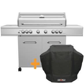 Grillf&uuml;rst G621G 6-Brenner Edelstahl-Gasgrill mit Hochtemperaturbrenner, Heckbrenner und Gusseisen Rosten - inkl. Abdeckhaube